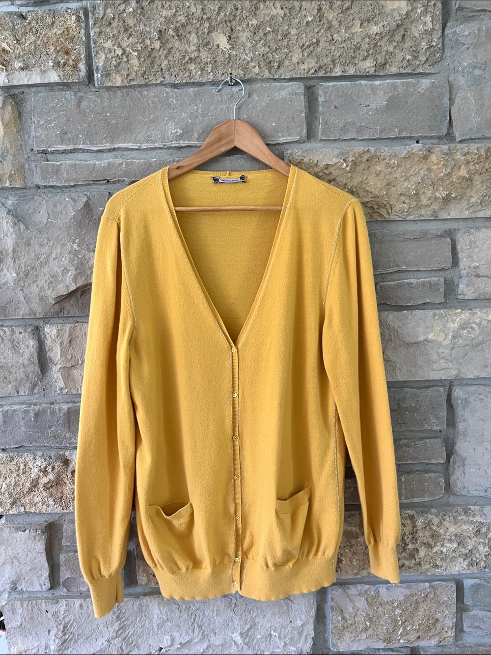 Yellow V-Neck Button Cardigan Sweater - Unbranded - Made in Italy - Small
